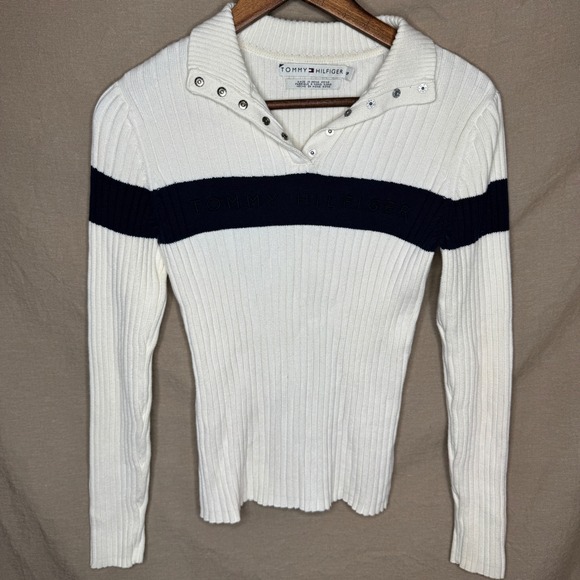 Tommy Hilfiger Sweaters - Tommy Hilfiger Womens Ribbed Polo Sweater Spell Out Stripe Vintage Small